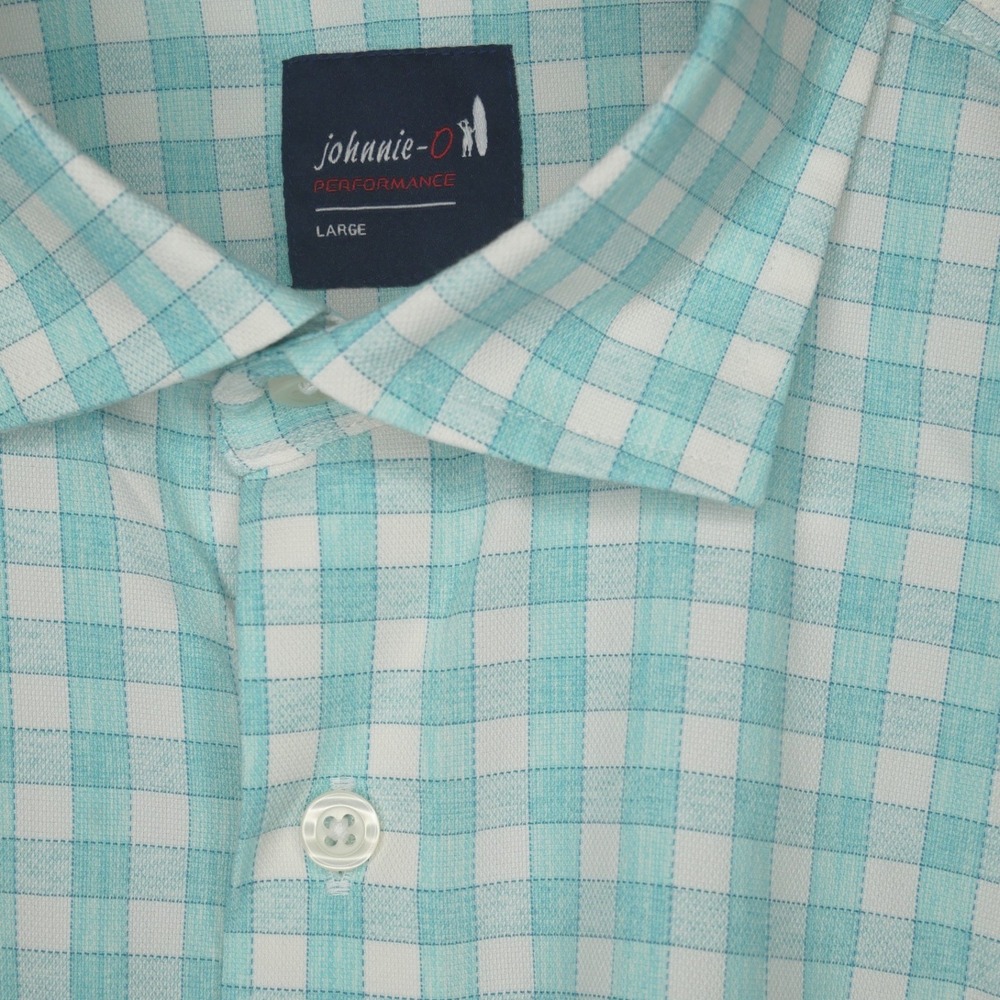Johnnie-O Performance Shirt Mens Large Aqua White Gingham Plaid Stretch Bamboo